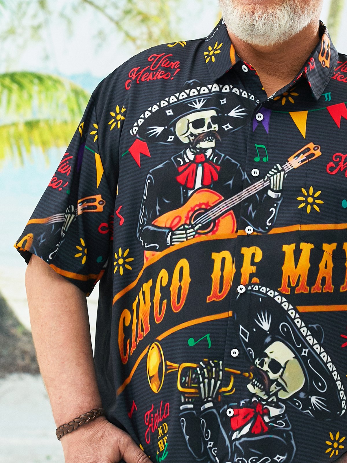 Big Size Skull Guitar Cinco De Mayo Chest Pocket Short Sleeve Shirt