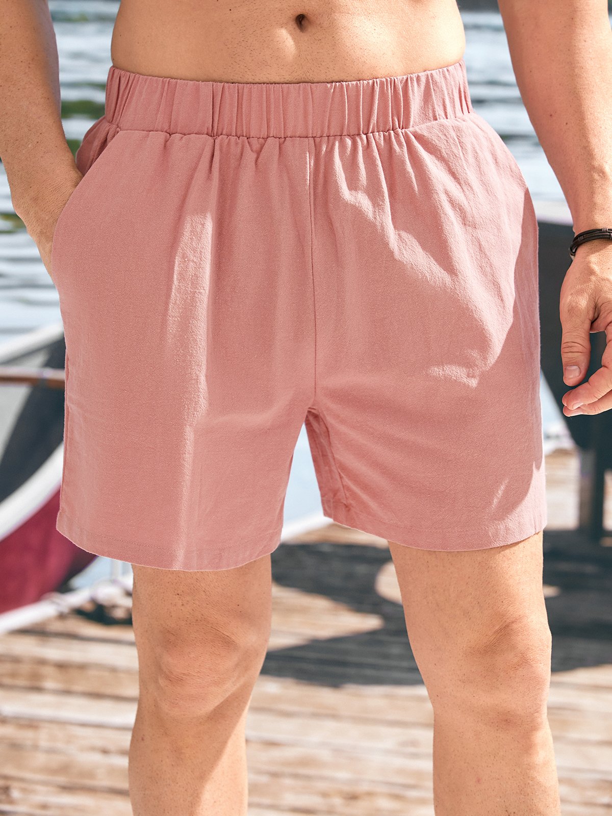 Men's Cotton Linen Elastic Waist Casual Shorts