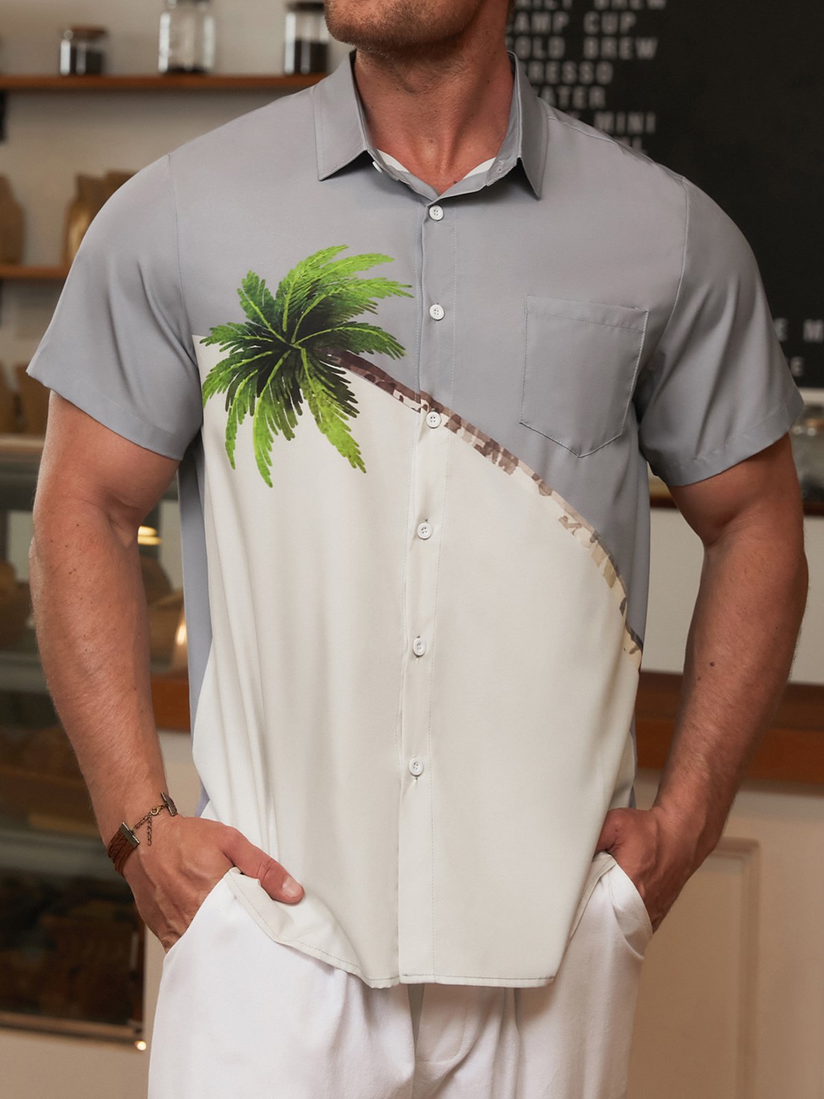 Men's contrast three-dimensional coconut tree interesting personality short-sleeved shirt
