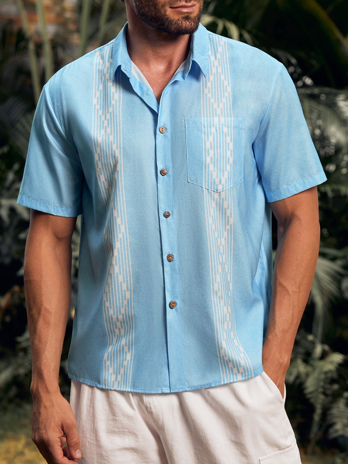 Striped Short Sleeve Chest Pocket Guayabera Shirt