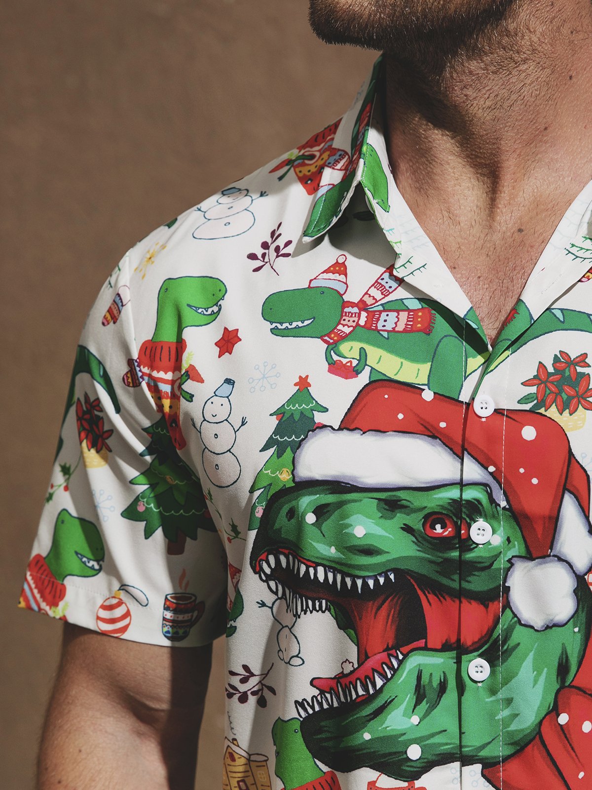 Men's Christmas Dinosaur Print Short Sleeve Hawaiian Shirt with Chest Pocket