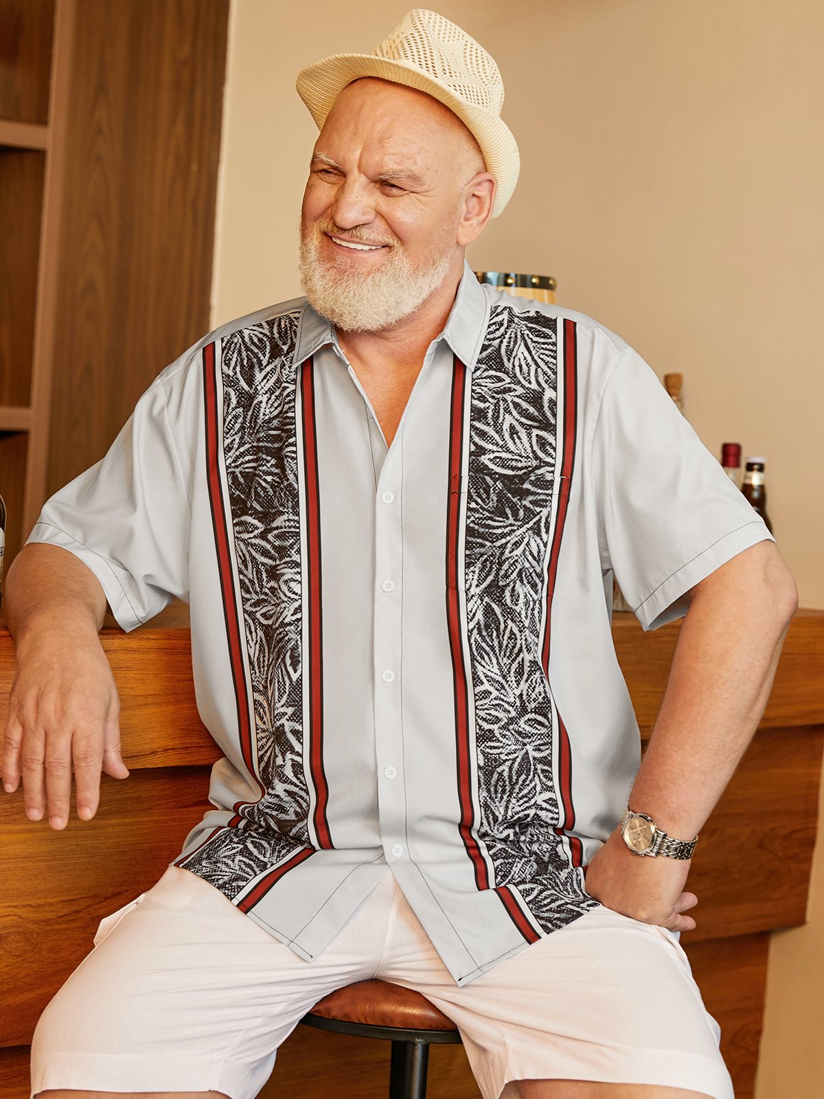 Big Size Textured Chest Pocket Short Sleeve Bowling Shirt