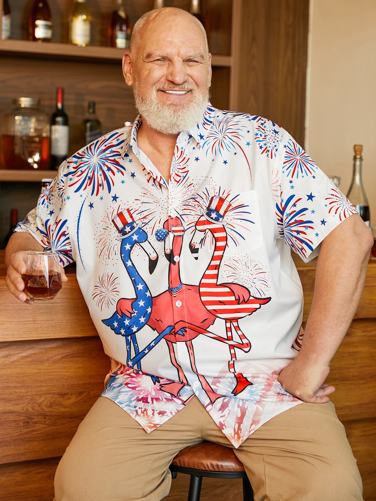 Big Size Indepndence Day Flag Flamingo Chest Pocket Shirt