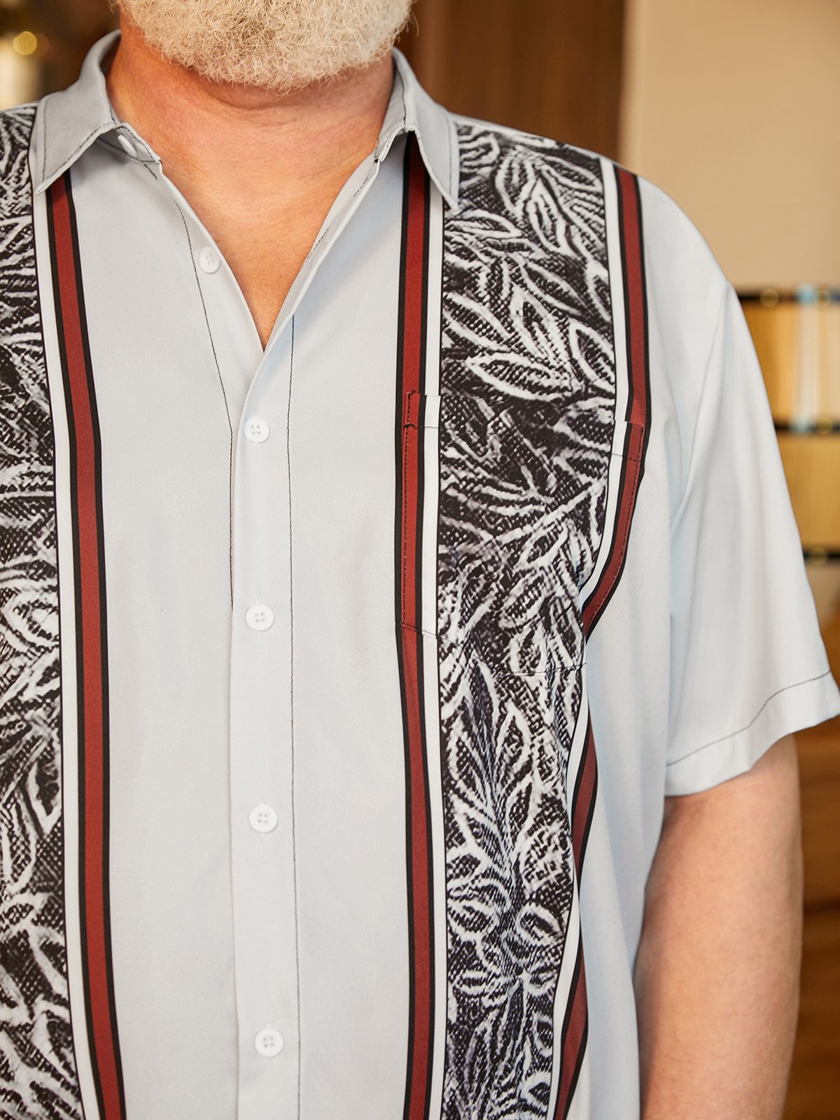 Big Size Textured Chest Pocket Short Sleeve Bowling Shirt