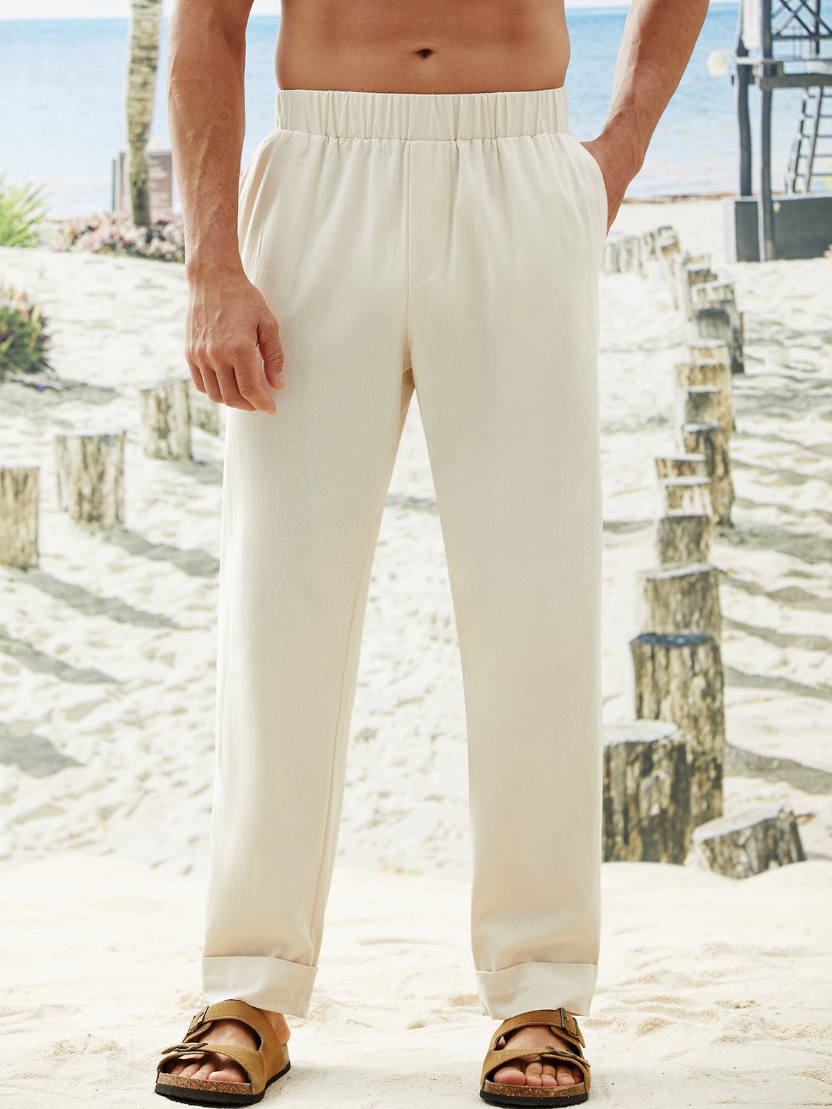 Cotton and Linen Plain Hawaiian Casual Trousers