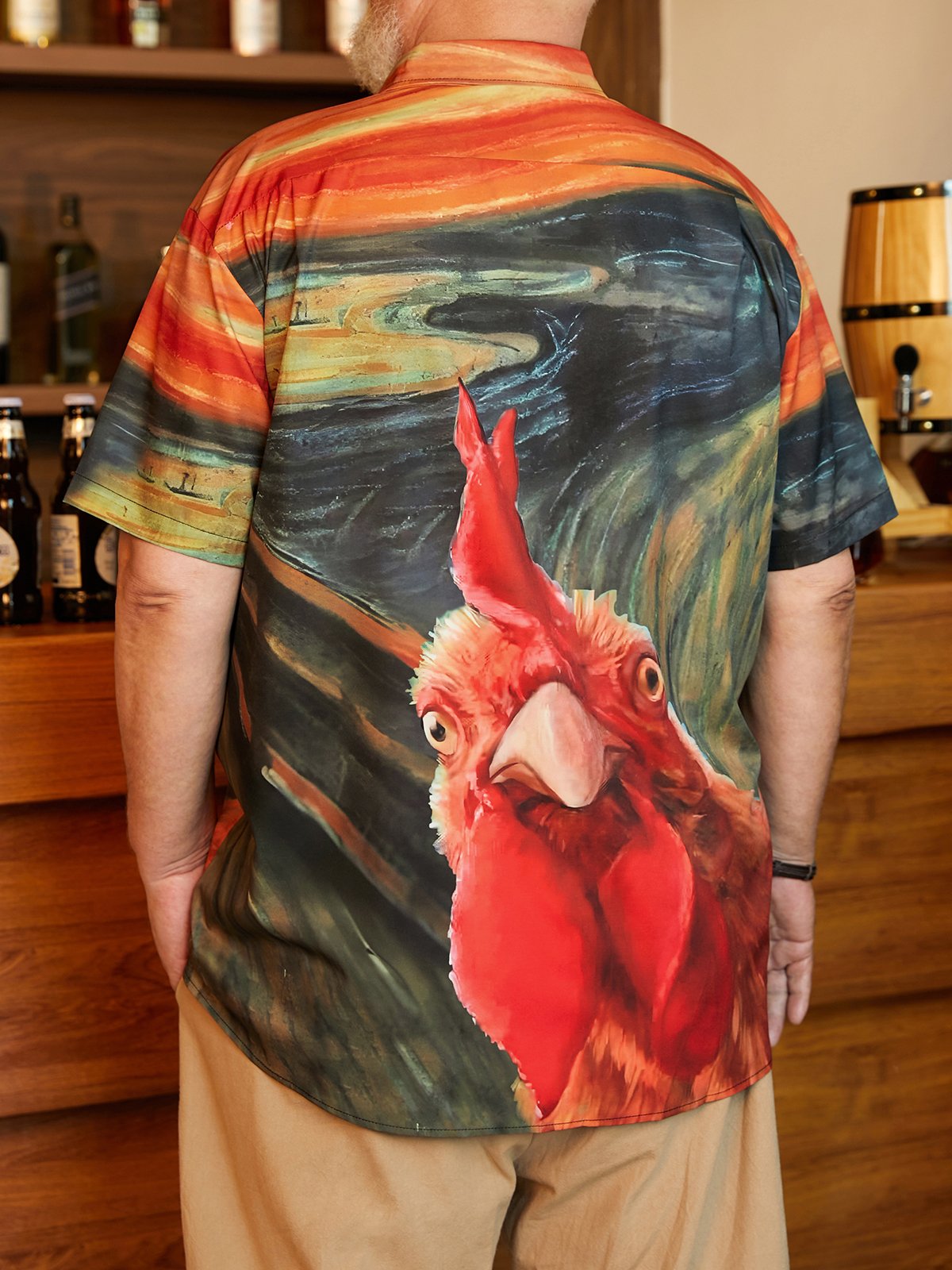 Big Size Fun Rooster Chest Pocket Short Sleeve Casual Shirt