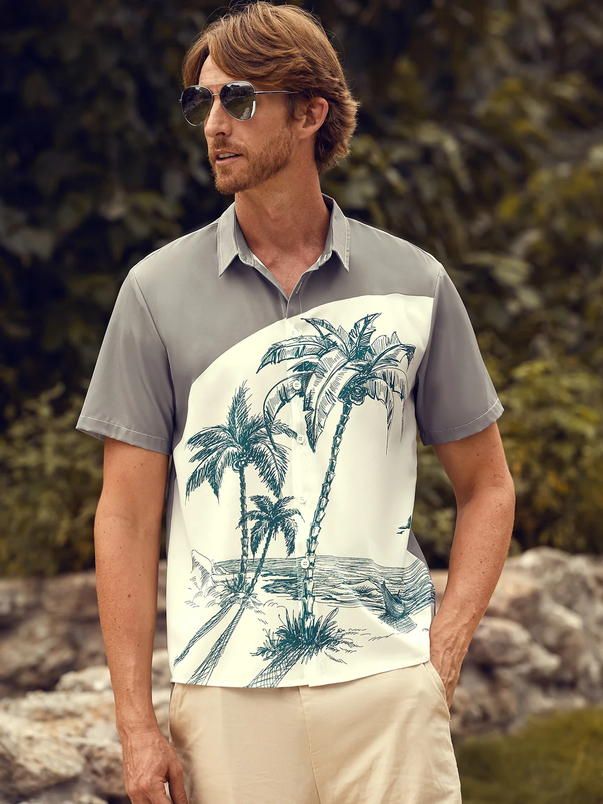 Mens Coconut Print Lapel Loose Short Sleeve Trendy Hawaiian Shirt