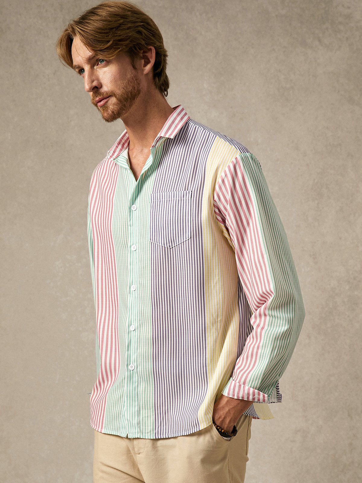 Contrast Stripes Chest Pocket Long Sleeve Casual Shirt