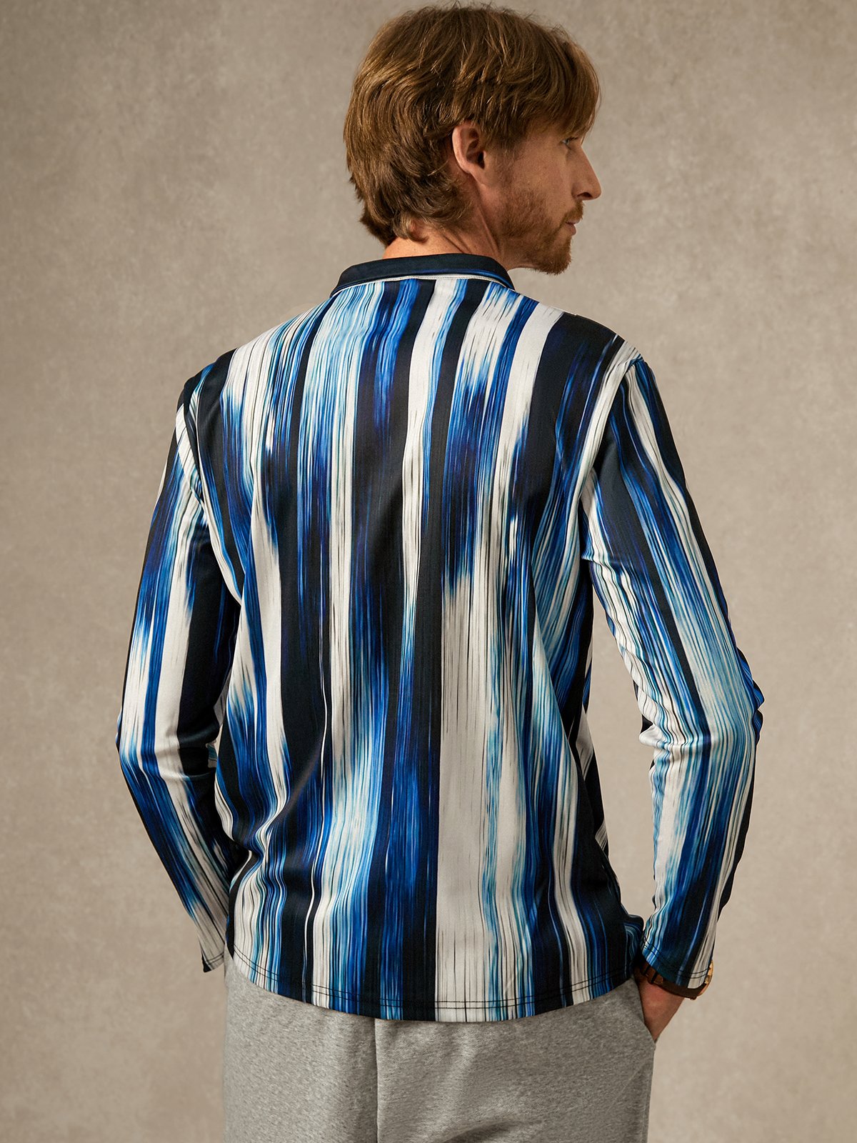 Abstract Gradient Geometric Zipper Long Sleeve Casual Polo Shirt