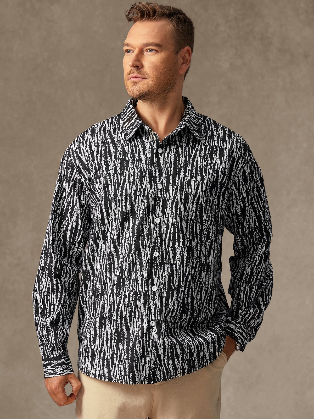 Abstract Striped Print Chest Pocket Long Sleeve Casual Shirt