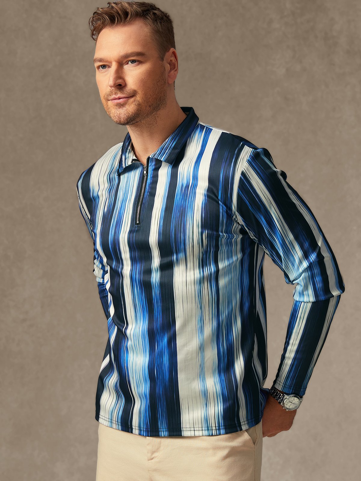 Abstract Gradient Geometric Zipper Long Sleeve Casual Polo Shirt