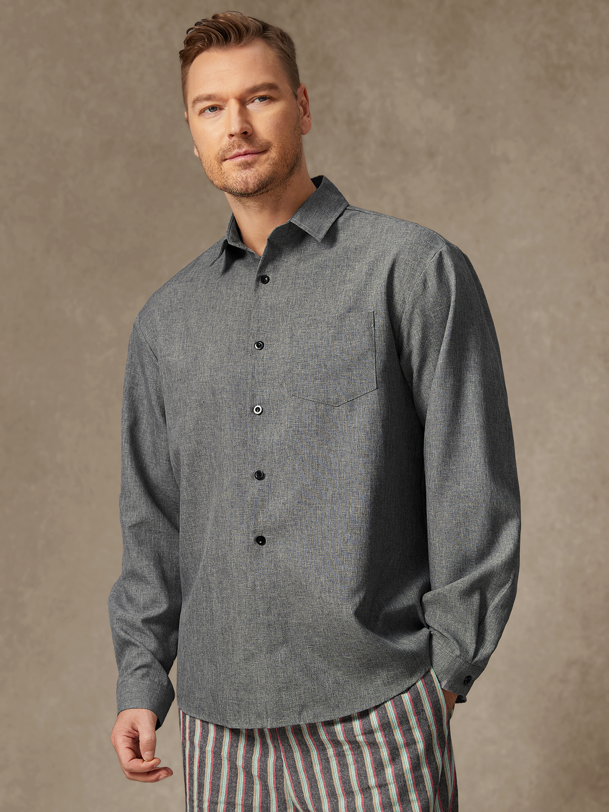 Plain Textured Fabric Long Sleeve Casual Shirt