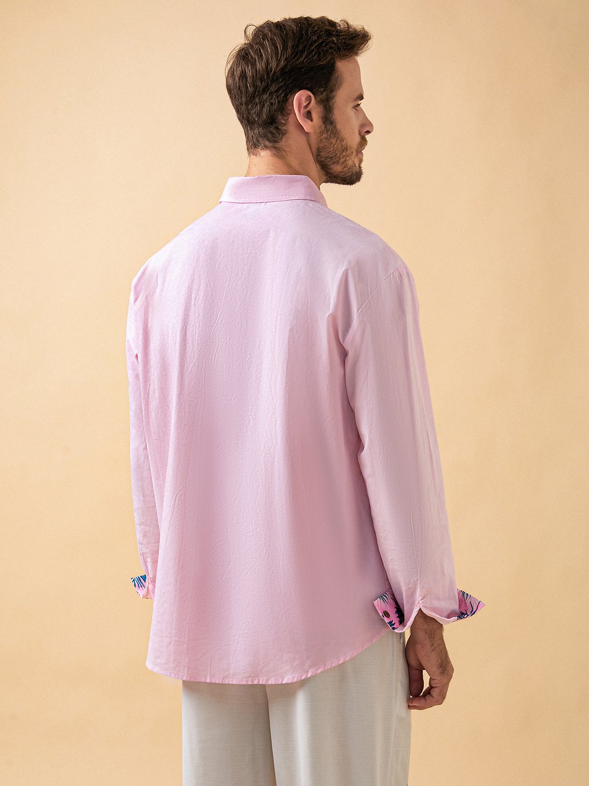 Cotton Plain Panel Floral Long Sleeves Casual Shirt