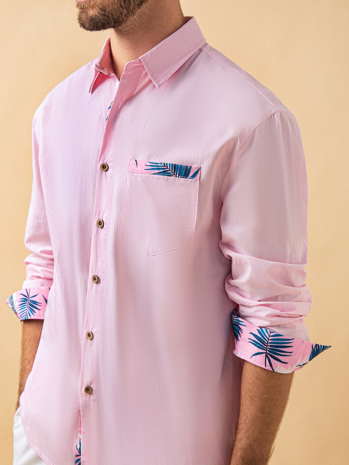 Cotton Plain Panel Floral Long Sleeves Casual Shirt