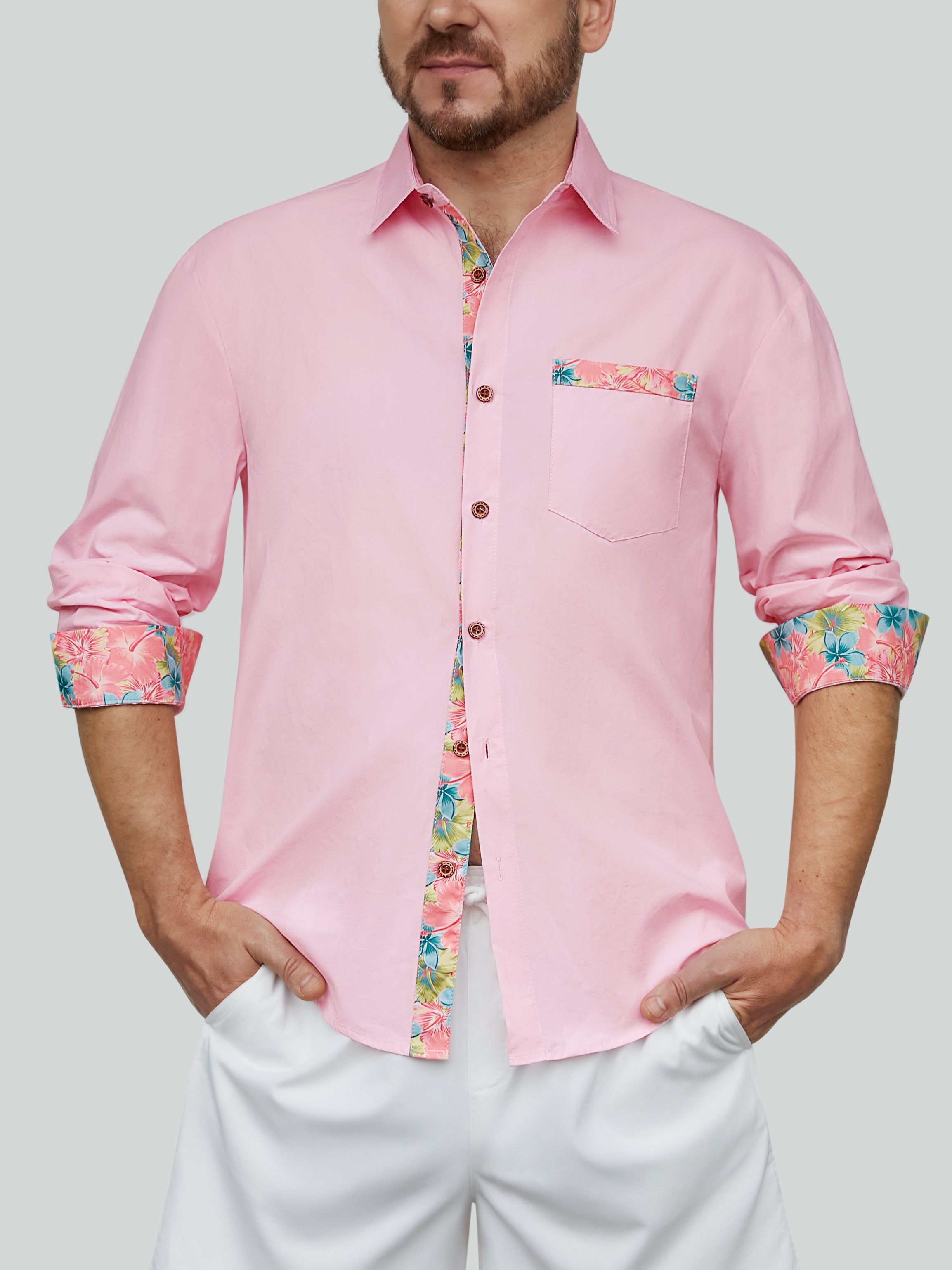 Cotton Paneling Floral Chest Pocket Long Sleeve Shirt