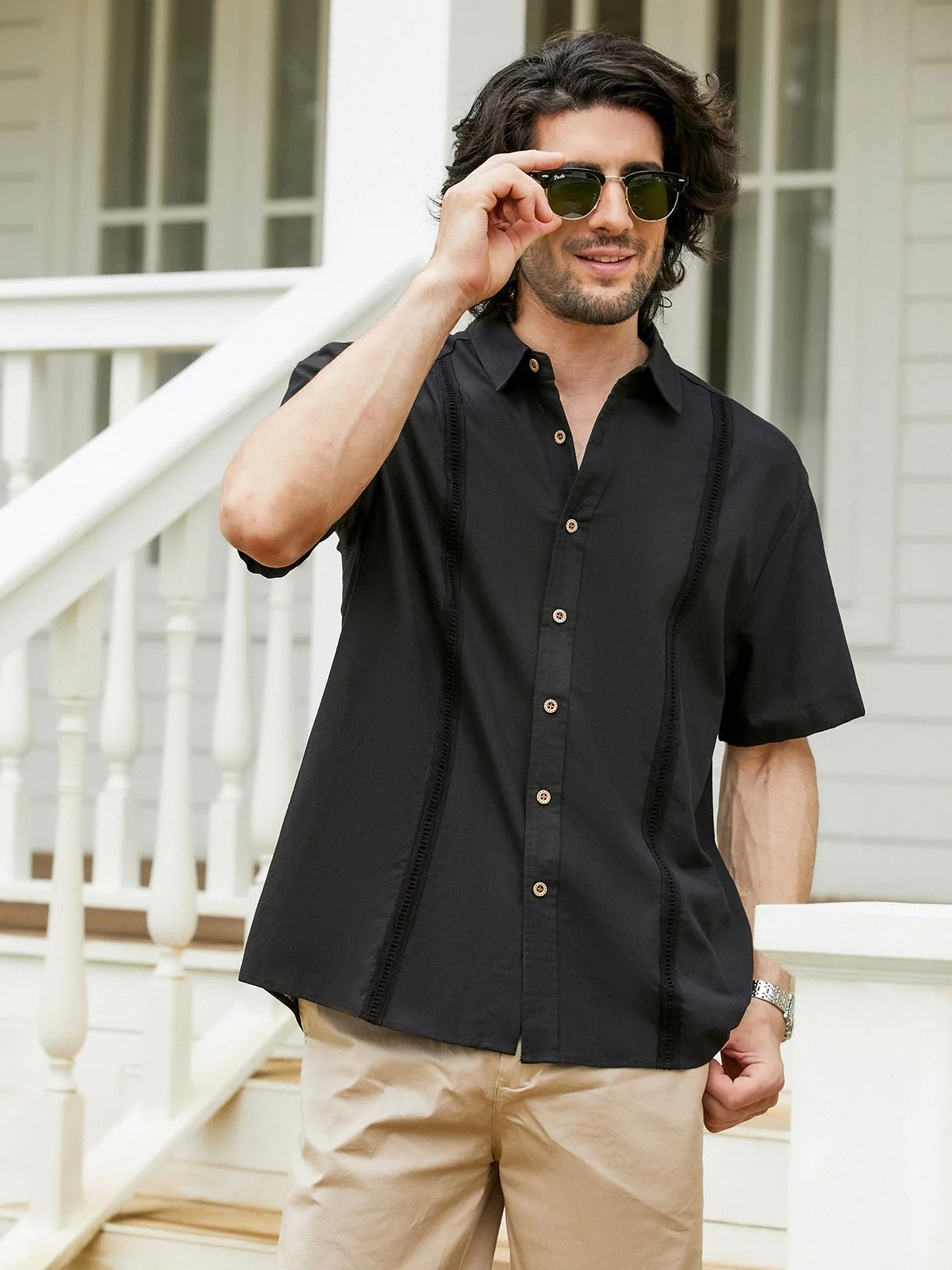 Cotton Striped Patchwork Chest Pocket Short Sleeve Casual Shirt