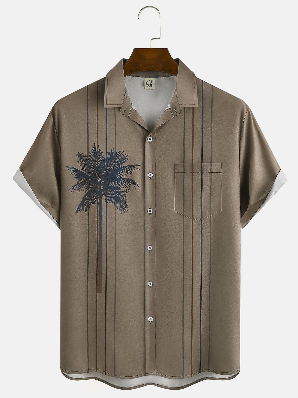 Mens Coconut Tree Print Lapel Loose Chest Pocket Short Sleeve Funky Bowling Shirts