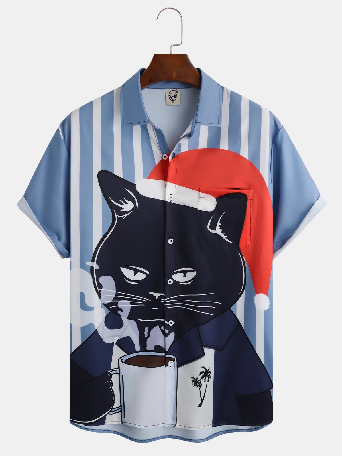 Men's Vintage Christmas Fun Cat Print Fashion Hawaiian Short Sleeve Shirt