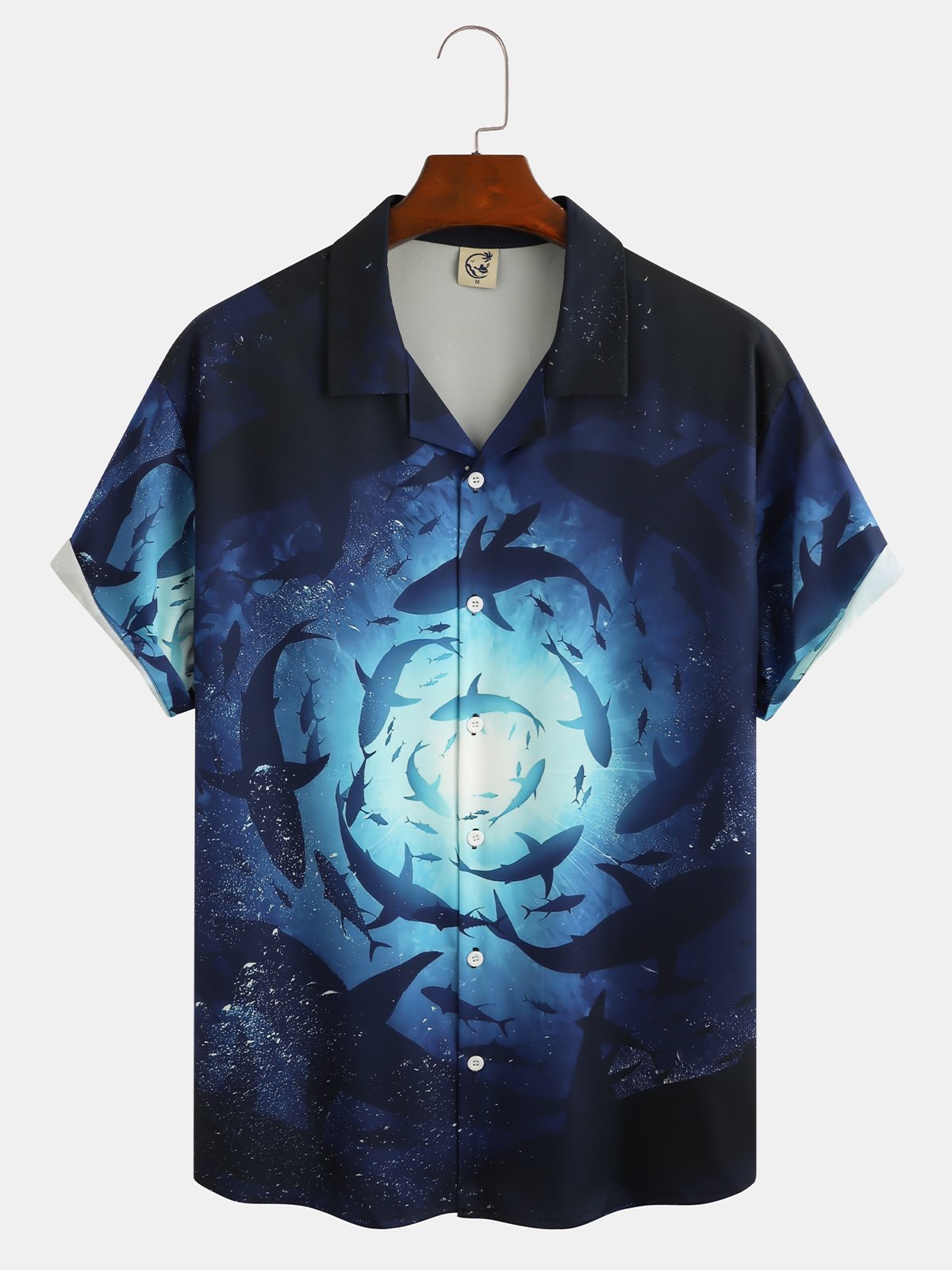 Mens Funky Shark Print Casual Breathable Short Sleeve Aloha Shirt