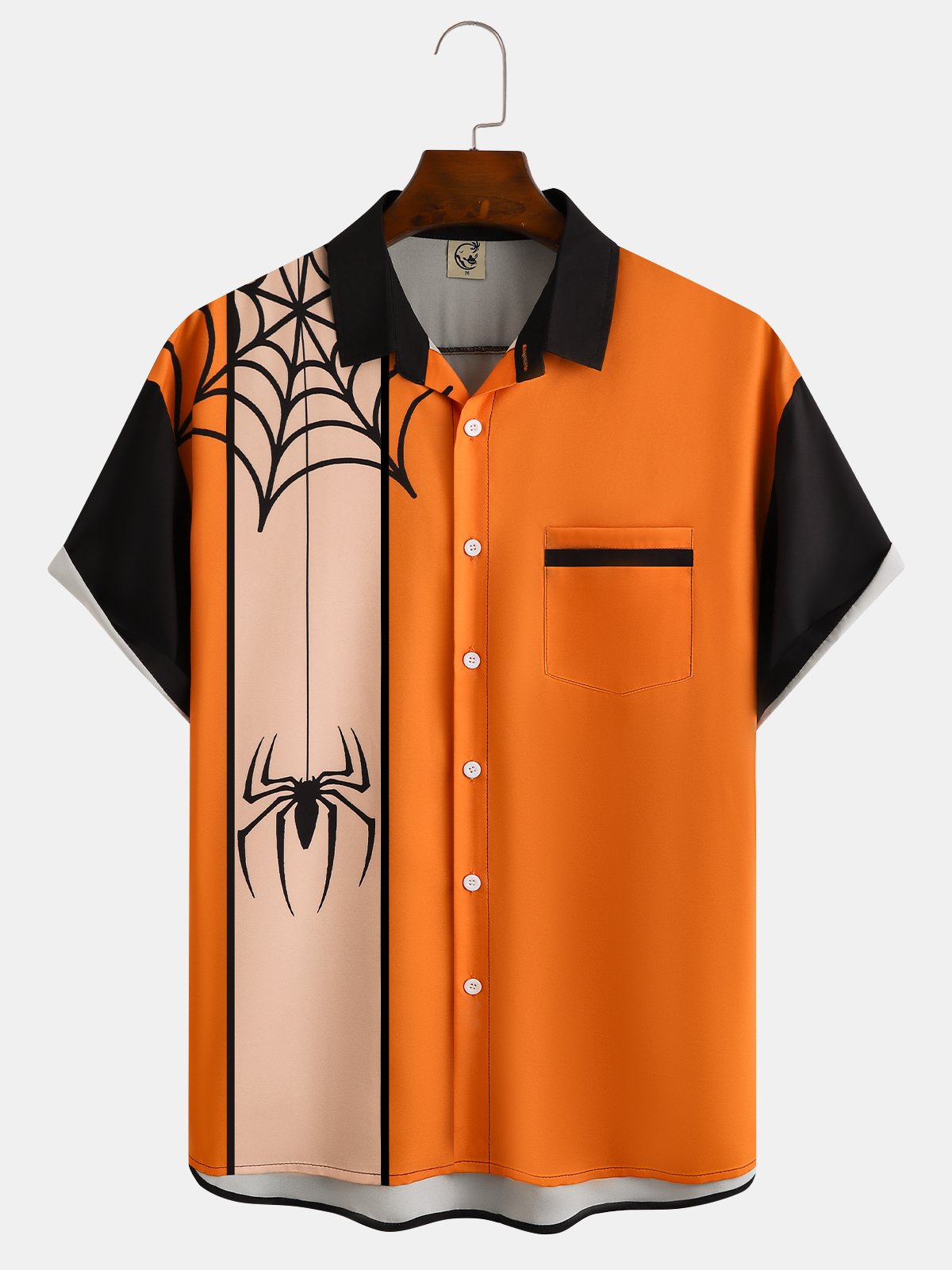 Mens Funky Halloween Spider Print Front Buttons Short Sleeve Shirt Pocket Casual Top