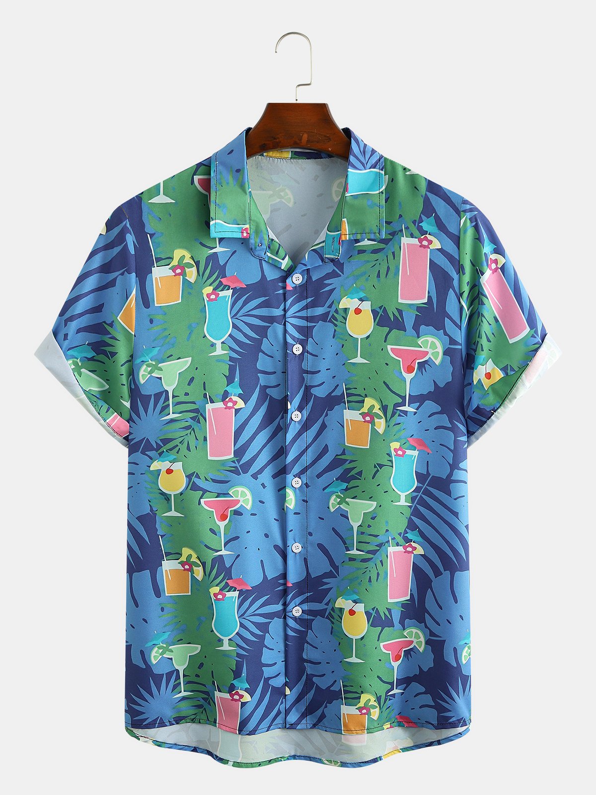 Holiday Style Hawaiian Series Botanical Flower Leaf Cocktail Element Lapel Short-Sleeved Shirt Print Top