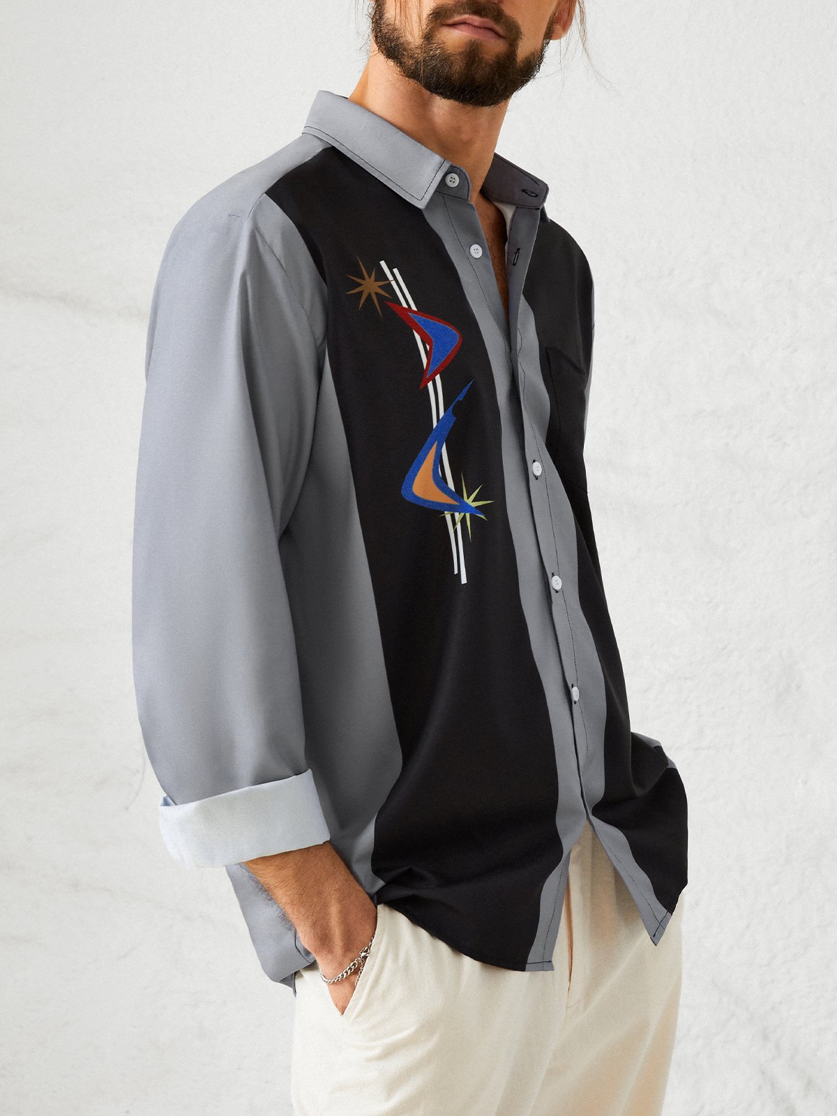 Men's Hawaiian Art Geometric Print Casual Breathable Long Sleeve Pocket Shirt