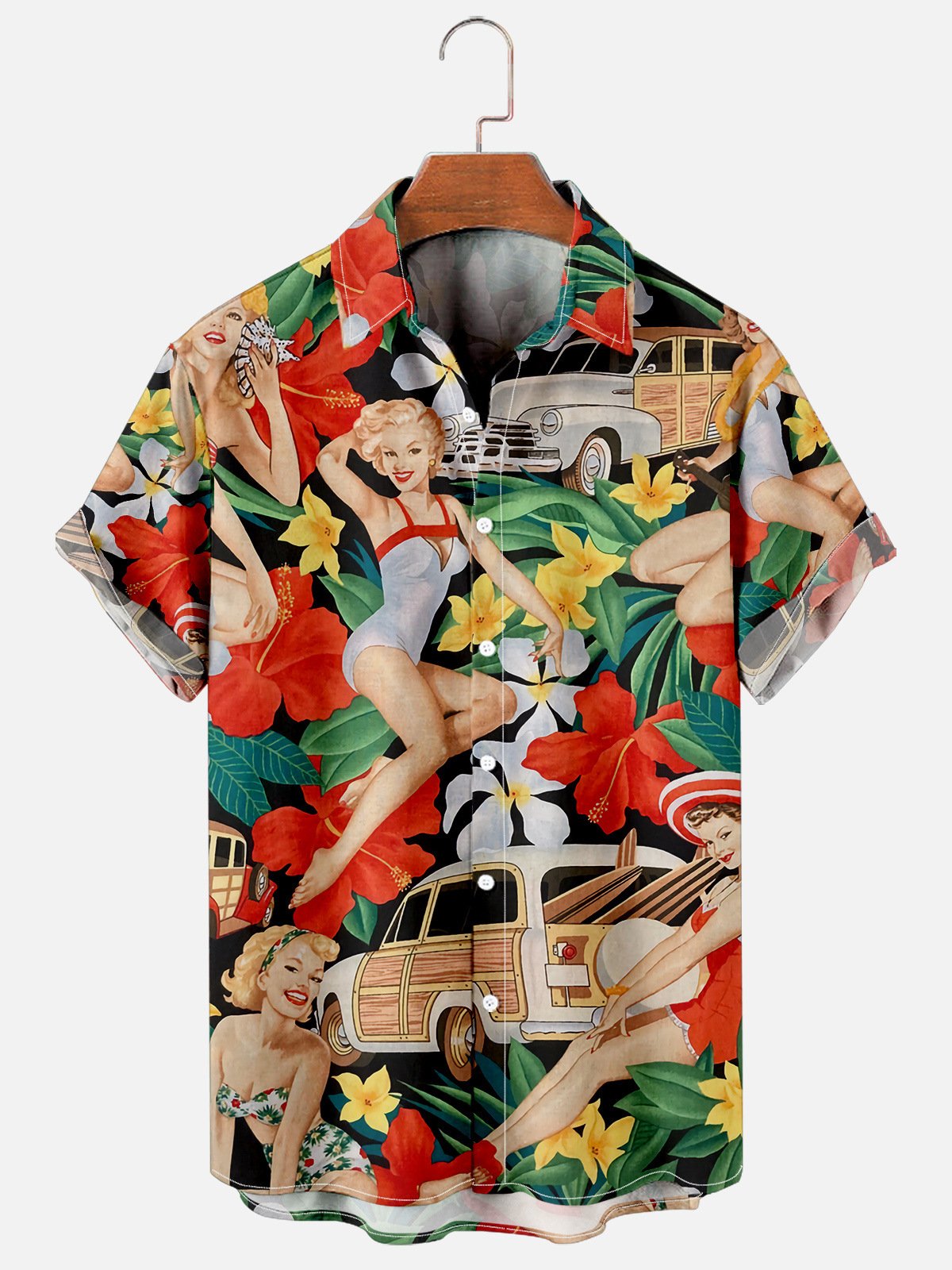 Mens Retro Floral Girls Print Casual Breathable Short Sleeve Hawaiian Shirts