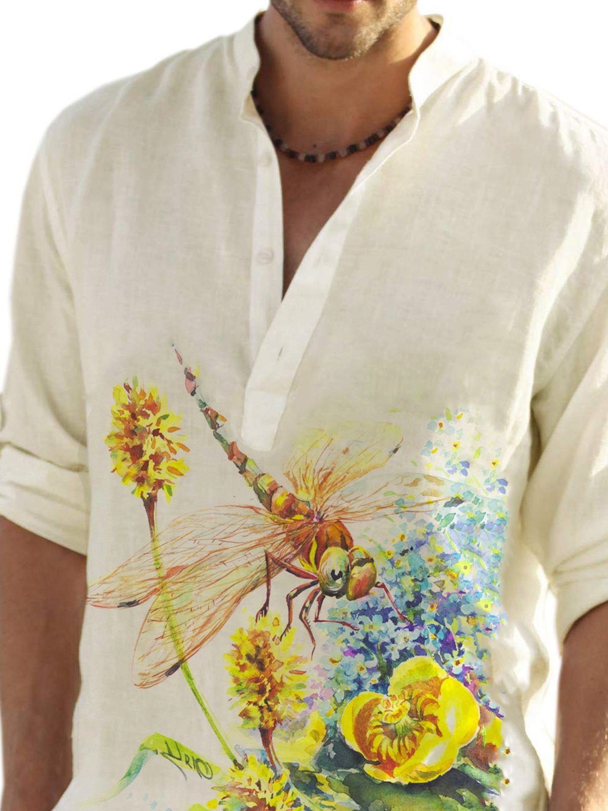 Retro Casual Shirt With Dragonfly Print Among Flowers