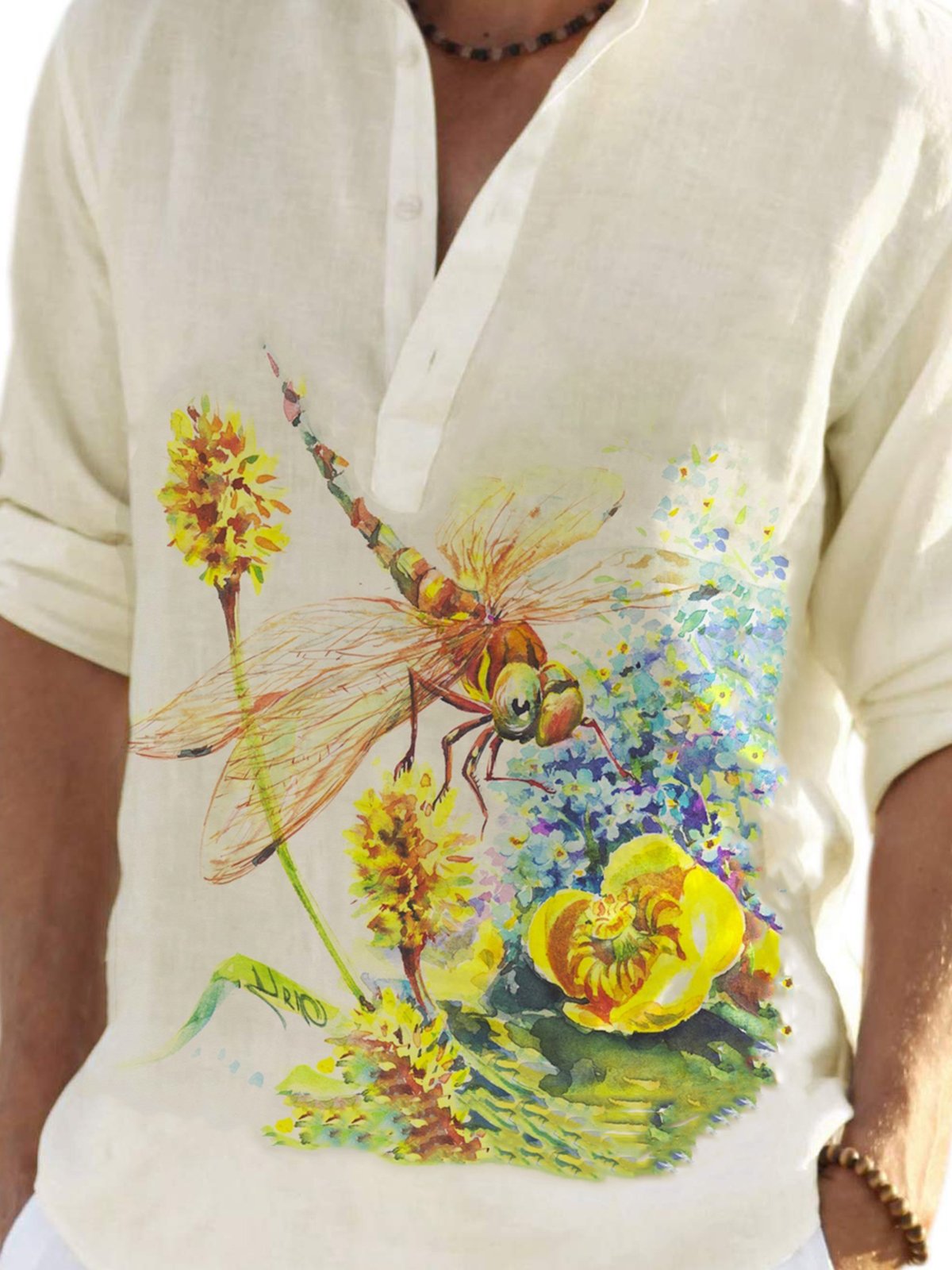 Retro Casual Shirt With Dragonfly Print Among Flowers