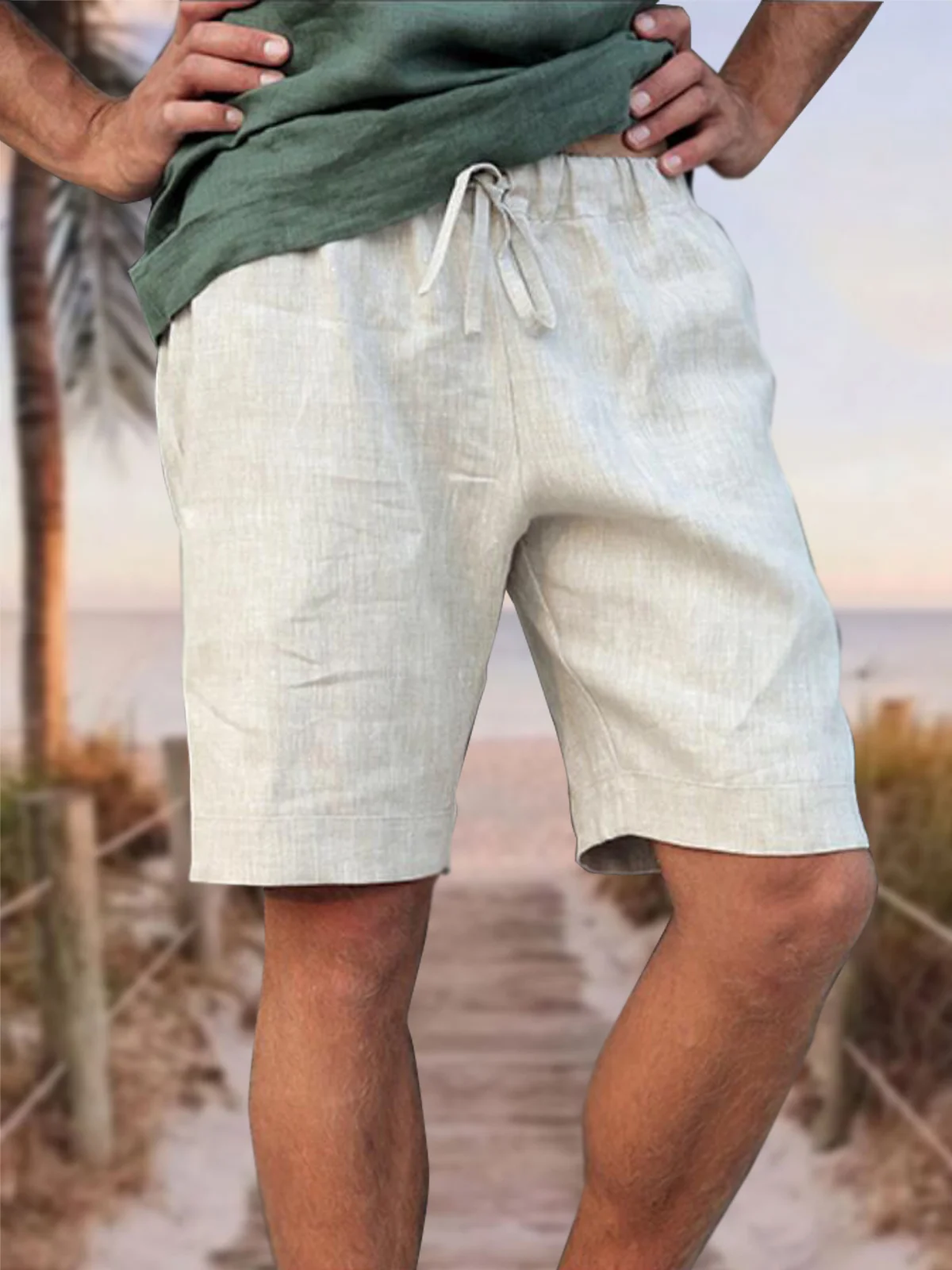 Mens Cotton Linen Style Elastic Waist Casual Shorts