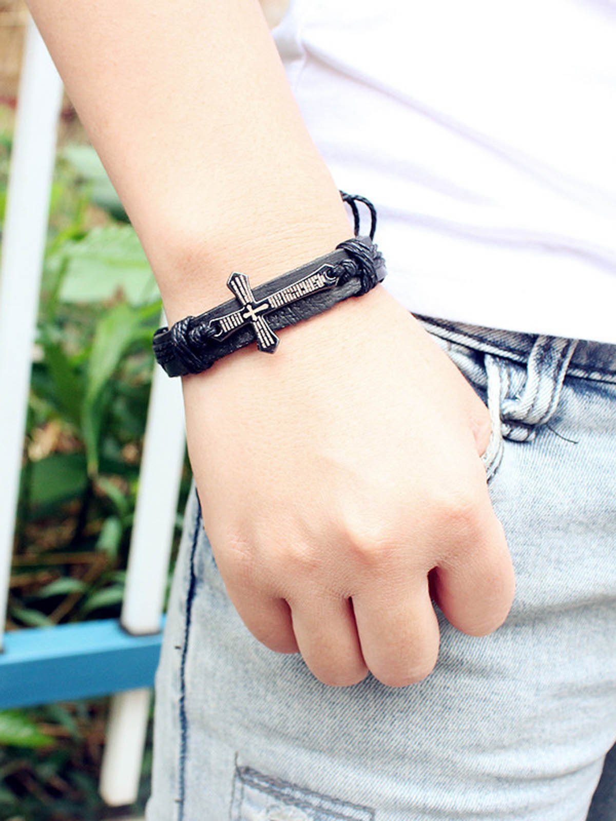 Men's Leather Cord Cross Bracelet