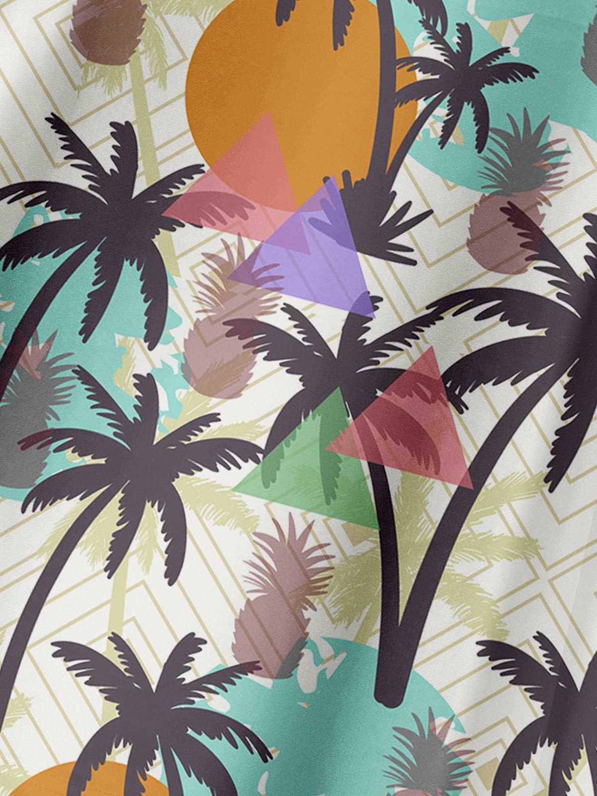 Resort Style Hawaiian Coconut Tree and Fruit Elements Lapel Short Sleeve Polo Print Top