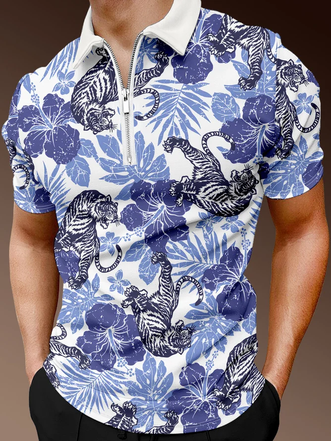Resort Style Hawaiian Series Leaf Flower Animal Element Lapel Short-Sleeved Polo Print Top