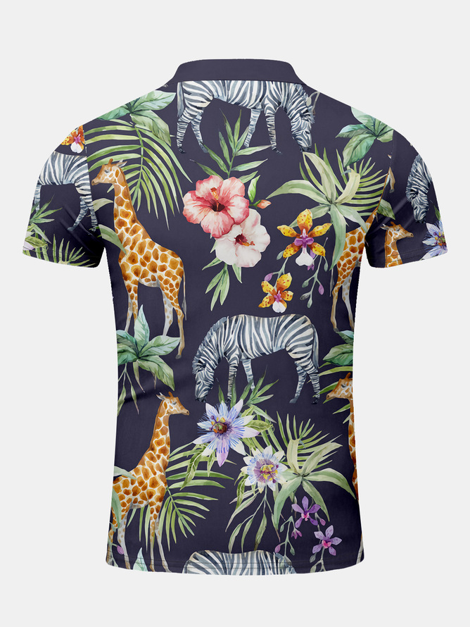 Resort-Style Hawaiian Floral Coconut Tree Element Lapel Short-Sleeved Polo Print Top
