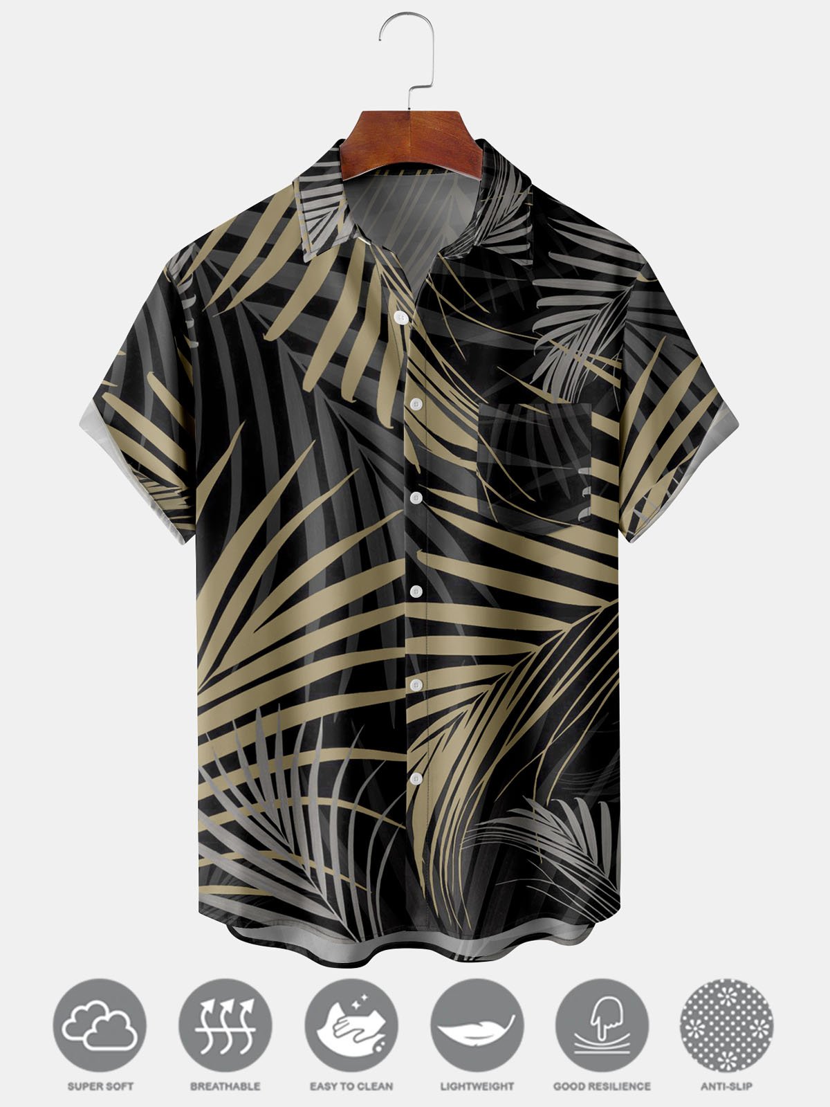 Men's Leaf Print Moisture Wicking Fabric Fashion Hawaiian Lapel Pocket Short Sleeve Shirts