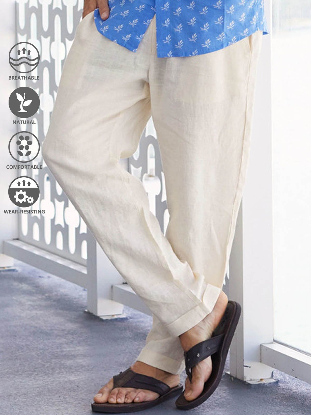 Cotton and Linen Plain Hawaiian Casual Trousers