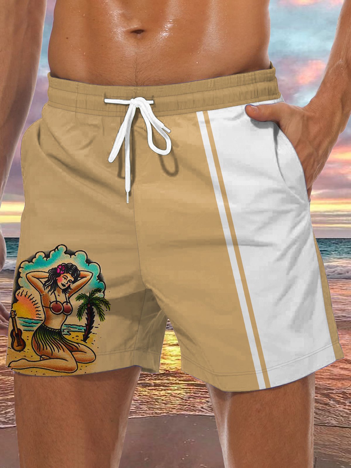 Men's Retro Girl Coconut Elastic Waist Casual Shorts