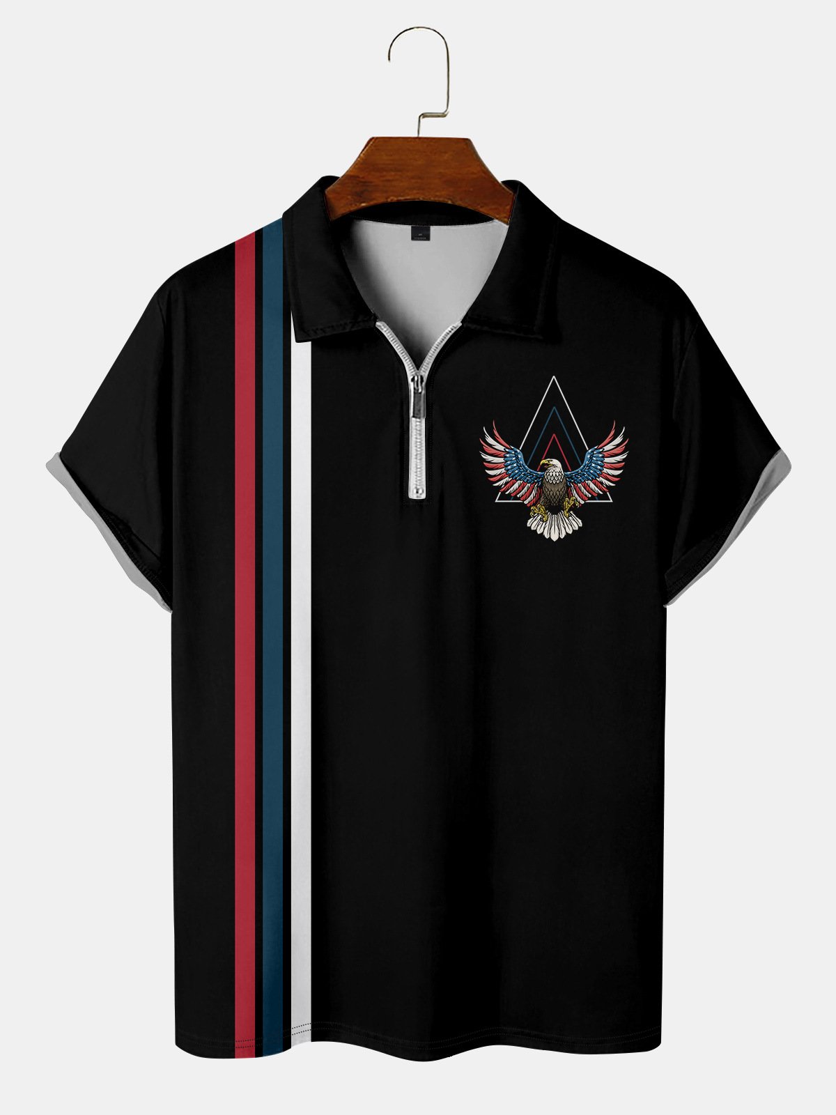 Casual Festive Collection Geometric Striped Color Block American Flag Eagle Element Pattern Lapel Short Sleeve Polo Print Top