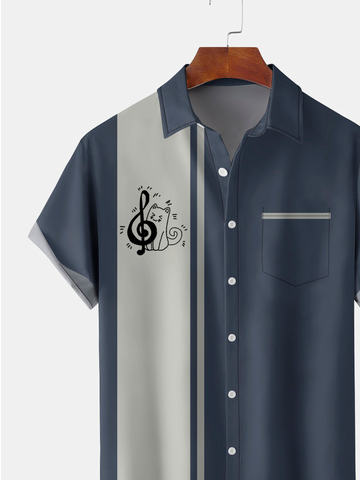 Men's Music Notes and Cat Element Graphic Print Short Sleeve Shirt
