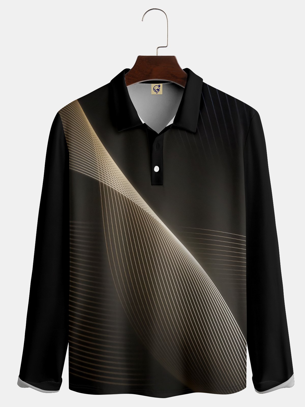 Casual Art Collection 3D Gradient Striped Geometric Block Pattern Lapel Button Long Sleeve Print Polo Shirt