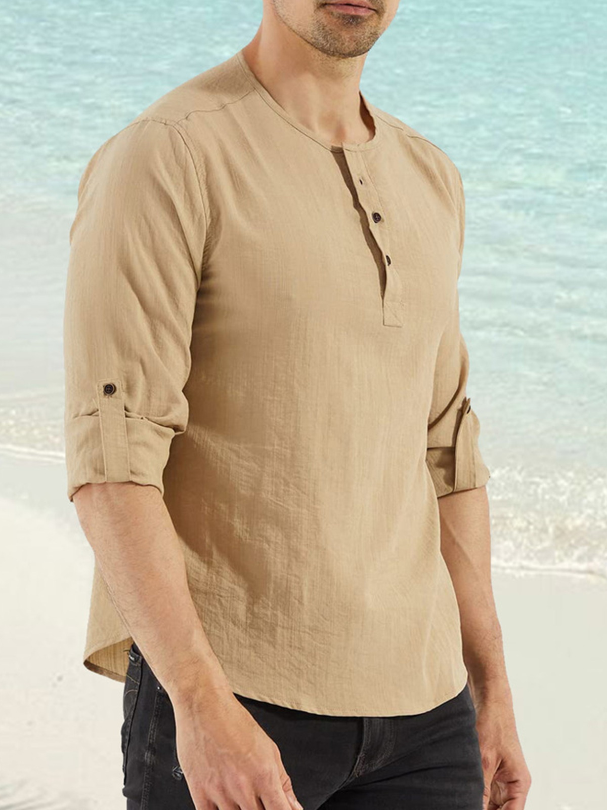 Plain Cotton Rolled Up Sleeves Long Sleeve Shirt.