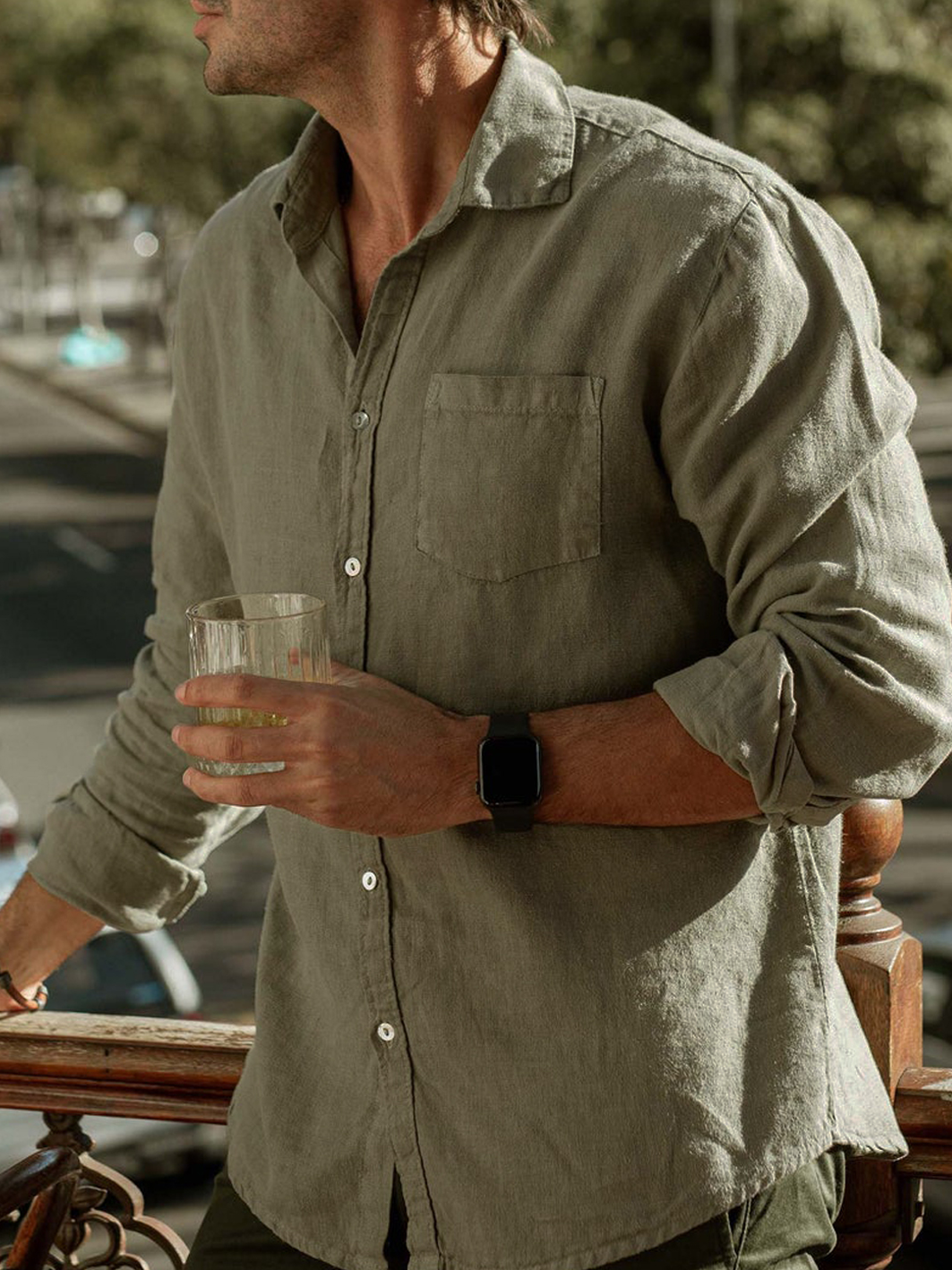 Cotton And Linen Chest Pocket Long Sleeve Shirt