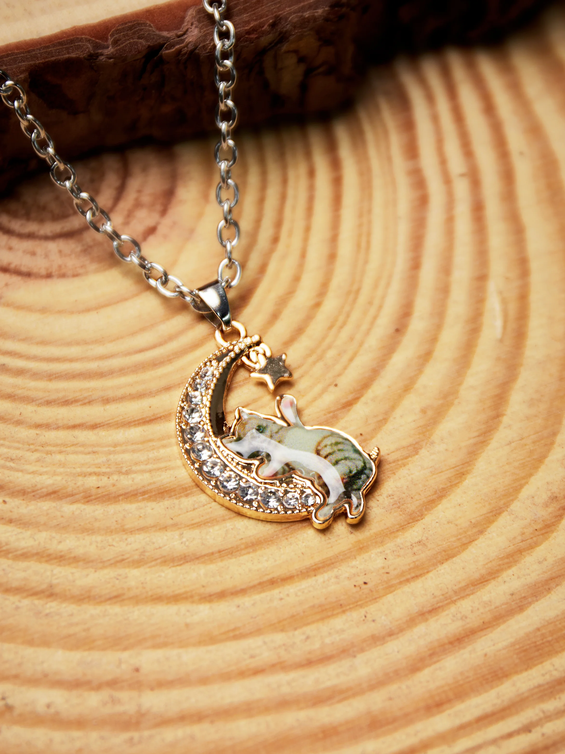 Casual Diamond Moon Kitten Necklace