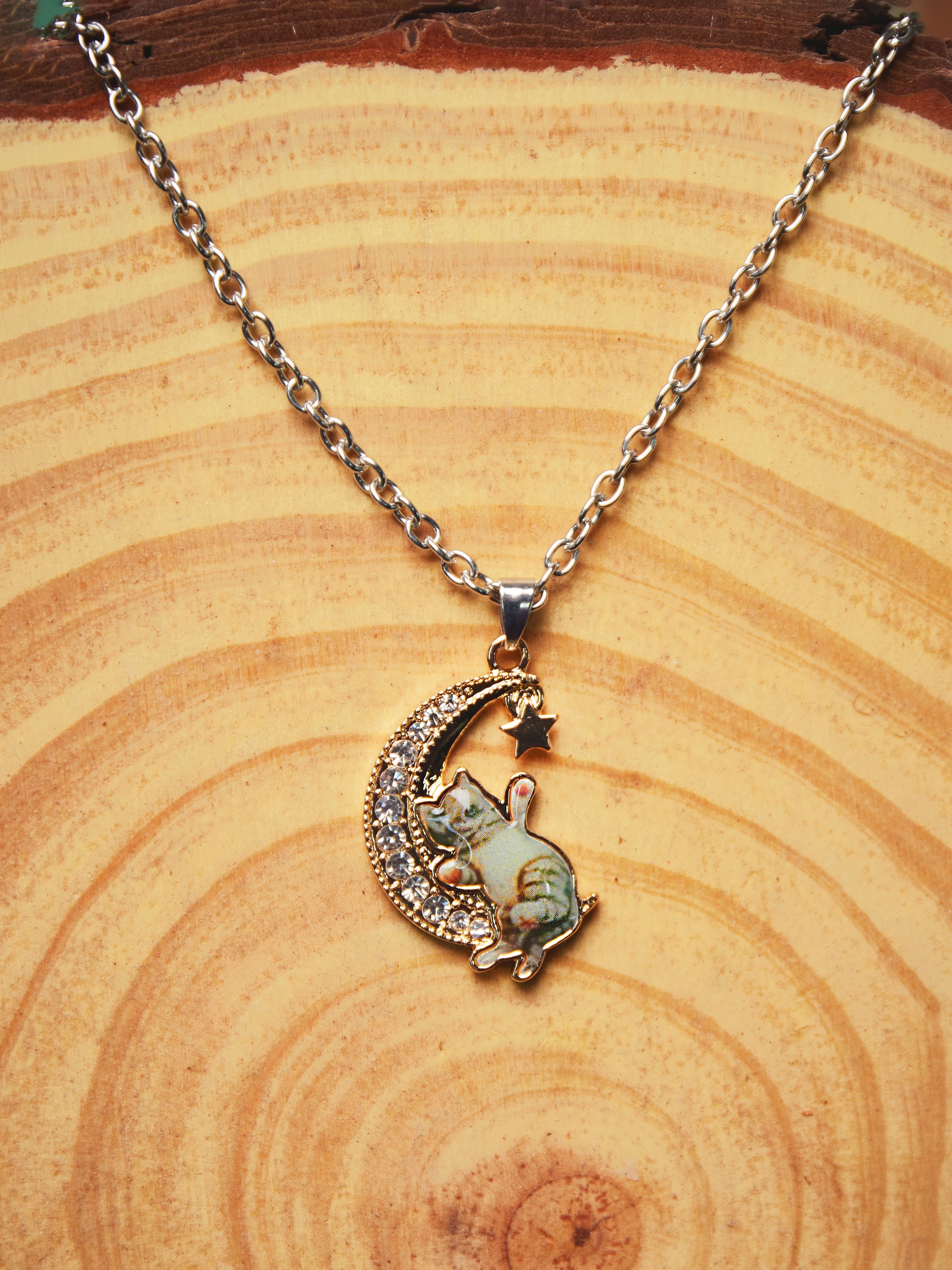 Casual Diamond Moon Kitten Necklace