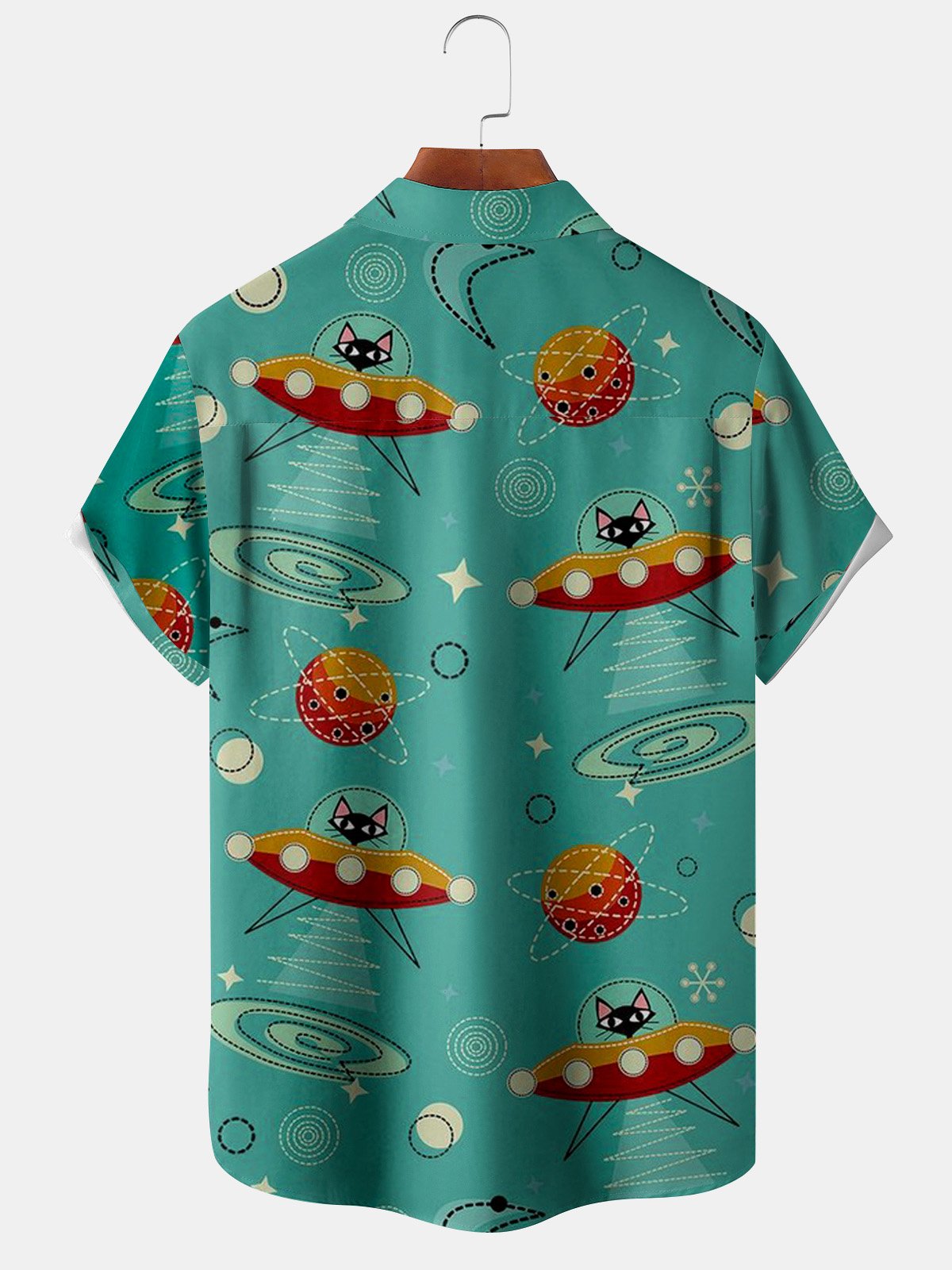 Big Size Space Cat Chest Pocket Short Sleeve Casual Shirt