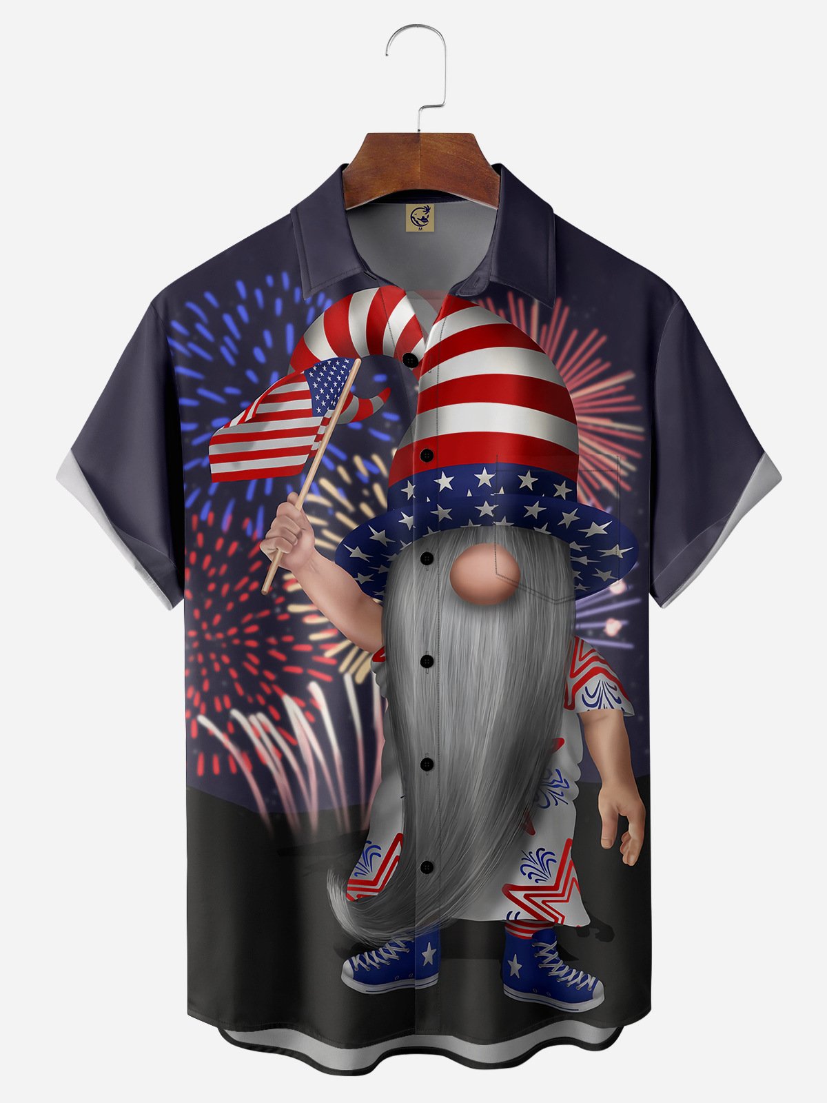 American Flag Gnome Chest Pocket Short Sleeve Casual Shirt