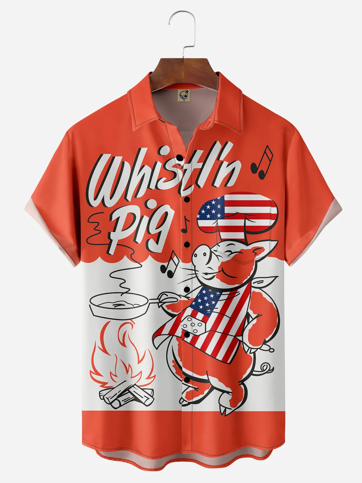 American Flag Chef Pig Chest Pocket Short Sleeve Casual Shirt