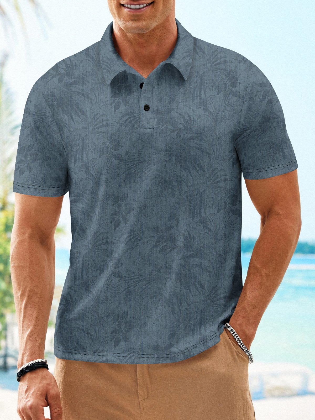 Tropical Button Short Sleeve Vacation Polo Shirt
