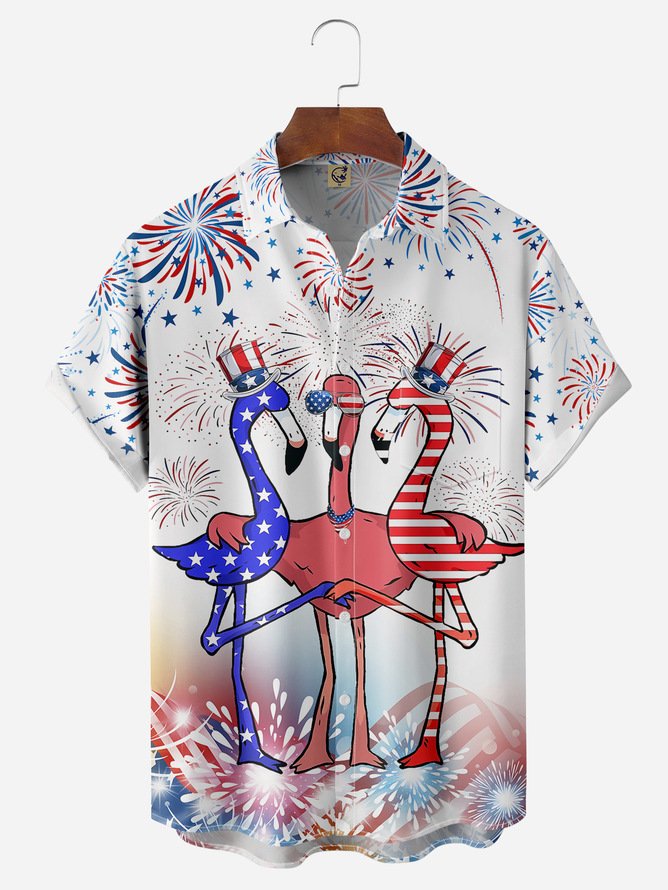 Big Size Indepndence Day Flag Flamingo Chest Pocket Shirt