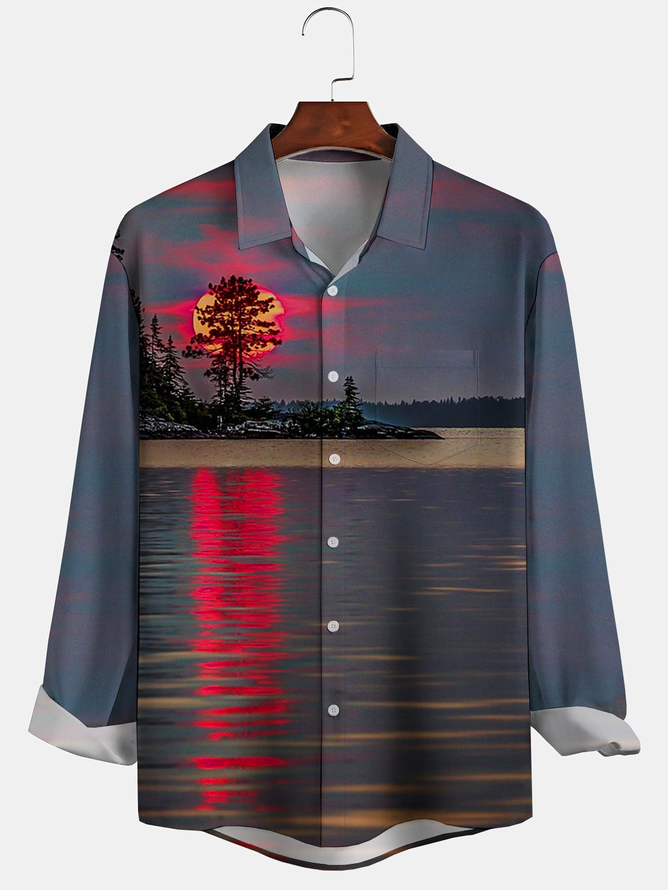 Sunset Scene Chest Pocket Long Sleeve Hawaiian Shirt